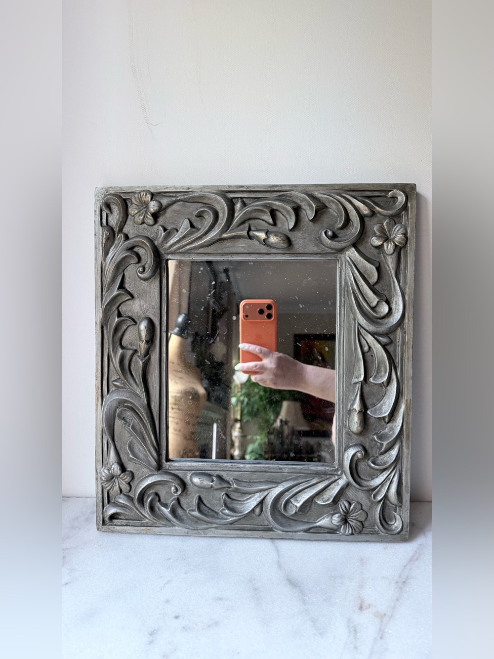 Decorative Floral Carved Square Wall Mirror - silver Gray - Picture 5 of 10